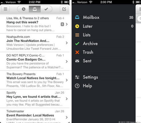 　Mailboxはその洗練された見た目によって、アプリの全体的な美しさを揺るがぬものにしている。受信箱（写真左）は、分かりやすく、ユーザーをまごつかせるような要素はない。左上のアイコンをタップするとメニューアイテムが表示される。