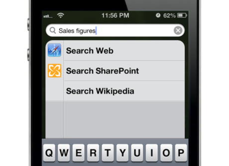 「Spotlight」で特定ドメインのみを検索する機能

　iOSの検索エンジンである「Spotlight」の検索範囲は現在のところ、デバイスとウェブ、Wikipediaのみとなっている。しかしウェブやWikipediaは、企業ドメインを対象として（「SharePoint」や「Google Sites」「Google Docs」、あるいはファイアウォール内で検索が可能なその他のサービスのような）検索を行う必要のあるユーザーにとってほとんど無意味だと言えるだろう。社内LANや企業ネットワークに接続する必要のある人たちは、特定のドメインを対象として、コンテンツを手早く検索し、アクセスしたいと願っているはずだ。
