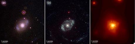 　「サウロンの目」と呼ばれることもある「NGC 4151」は、りょうけん座の活発な「セイファート1型」銀河だ。地球から3900万光年の距離にあり、超大質量ブラックホールを内包する銀河の中で最も近くにあるものの1つだ。超大質量ブラックホールはX線で明るく輝いている。

　左と中央の画像は、それぞれSwift紫外／可視光望遠鏡の可視光望遠鏡（v、b、およびuフィルター）と紫外望遠鏡（uvw1、uvm2、およびuvw2フィルター）で撮影されたものだ。紫外望遠鏡で撮影された画像の方が、外周部の渦状腕を確認しやすいことに注意してほしい。右の画像には、SwiftのX線望遠鏡から観察したX線（0.2～10keV）が写っている。
