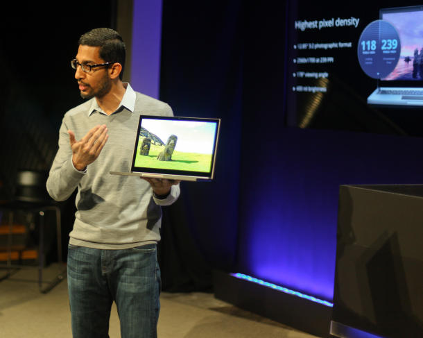 「Chrome」と「Google Apps」を担当する、エンジニアリング担当シニアバイスプレジデントのSundar Pichai氏はサンフランシスコでのイベントで、タッチスクリーン搭載の「Chromebook Pixel」を紹介した。
