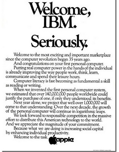 パーソナルコンピュータ市場に参入したIBMに「ようこそ」と語りかける広告