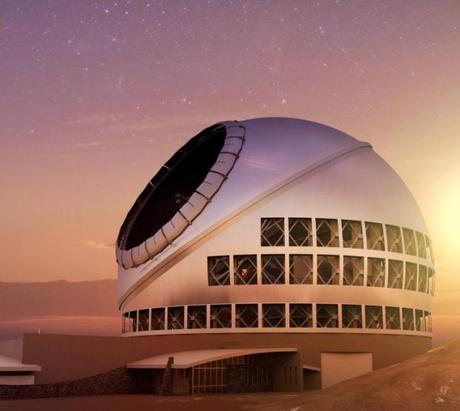 　夕暮れ時のTMT予想図。1万3796フィート（4205m）のマウナケア山頂には、すでに複数の望遠鏡がある。雲より上にあり、天文学者らに人気だ。