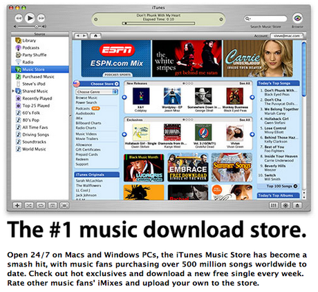 　人々はわれ先にと楽曲を購入した。iTunes Storeは2005年に5億ダウンロードを記録。5億曲目は、インディアナ州ラファイエットのAmy Greerさんが購入したFaith Hillの「Mississippi Girl」だった。Greerさんには特典として、Appleから「iPod」10台、1万曲分のギフトカード、Coldplayのコンサートへの無料招待旅行4人分が送られた。その後iTunes Storeでは250億曲以上がダウンロードされている。