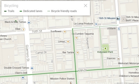　Mapsには、自転車を使う人のために自転車用レーンが追加された。
