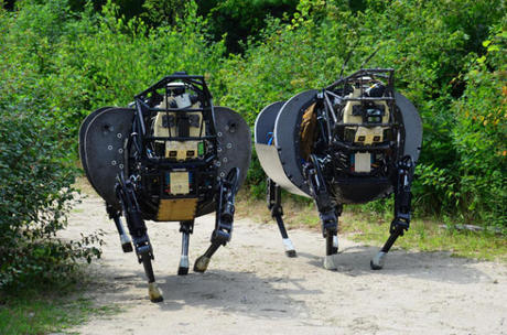 　Boston Dynamicsの「Legged Squad Support Systems」（LS3）は不整地用ロボットだ。どんな環境でも、補給品を運搬し、兵士の装備品移動を支援するよう設計されている。

　LS3は1台で、最大400ポンド（約181kg）の装備品と、24時間連続の20マイル（約32㎞）の作戦を行うのに十分な燃料を運ぶことができる。

　自律的な先導ナビゲーションシステムを使って、兵士に付き添ったり、地形判定センサやGPSを使って目的地に移動したりすることも可能。LS3は、米国防総省国防高等研究局（DARPA）と米海兵隊の資金援助を受けて、2012年から2年間のフィールドテスト段階に入っている。