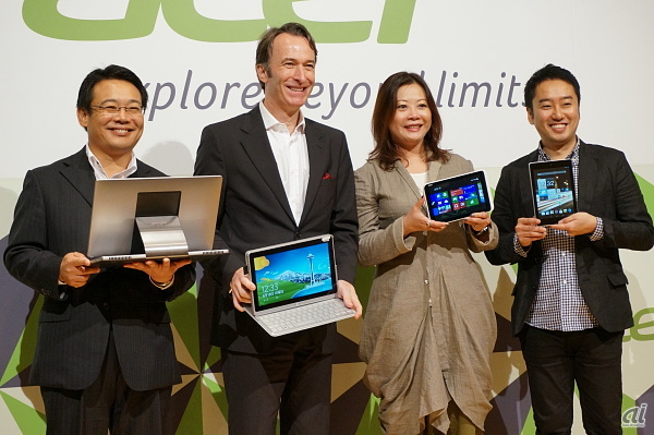 左から、日本エイサー代表取締役社長のボブ・セン氏、Acer CMOのマイケル・バーキン氏、Acer Product Marketing,AVPのジョセフィン・タン氏、日本エイサー プロダクトマネジメント部 プロダクトマネージャーの西山隆康氏