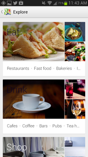 　新しい「Explore」機能は、近くのレストランバーやホテルなどおすすめ情報を提供する。「Google Now」が好きならば、カードベースのデザインを気に入るだろう。