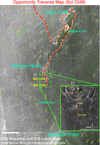 　Opportunityの移動経路を示すこの地図を見ると、同探査車の3348ソル目（地球時間2013年6月27日）の活動が分かる。