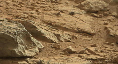 　Curiosityが撮影したこの写真では、光を放つ金属製の物体が岩石から突き出ているように見える。この写真がきっかけとなって、同探査機は奇妙な火星のトカゲ、あるいは秘密の地下穴への入り口を見つけてしまったのではないか、という臆測がインターネット上で広まった。この物体は隕石に由来する、あるいは照明の異常によってこの奇妙な写真が撮影された、という説明の方が説得力があるだろう。