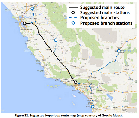 　提案されているHyperloopでは、ロサンゼルスとサンフランシスコに駅が設けられているが、他の駅も計画されている。Musk氏によると、路線の大半は、セントラルバレーを通るカリフォルニアの州間道5号線に沿い、チューブはその中央分離帯に敷設されるという。