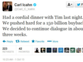 C・アイカーン氏、アップルCEOに1500億ドルの自社株買いを勧める--夕食会後にツイート