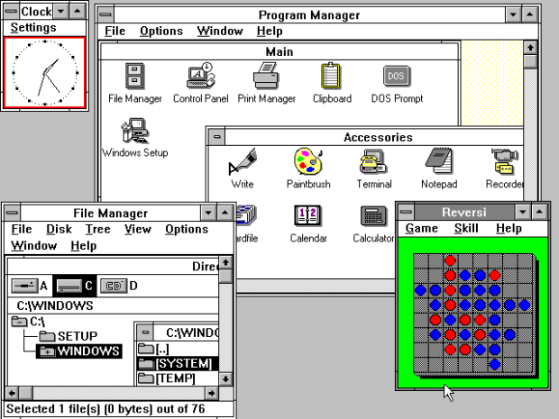 　1990年に発表された「Windows 3.0」のデスクトップワークスペース。3という数字は縁起が良いようだ。「Microsoftの製品は3度目でやっとまともになる」という定評が、このときほど当たっていたことはないだろう。仮想メモリを導入したことで、昔ながらの「MS-DOS」ベースのアプリケーションでもマルチタスク性が向上した。Windowsはこのときに初めて、ソフトウェア開発のコミュニティーからも本格的なサポートを受けられるようになったのである。
