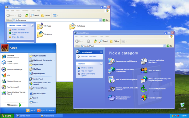 　「Windows XP」は、Windowsで最も人気の高いバージョンの1つだ。単調なグレーの配色を廃止し、青と緑を採用した。