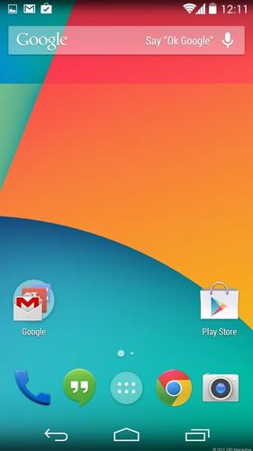 　Googleは米国時間10月31日、新モバイルOS「Android 4.4」（開発コード名：「KitKat」）を発表した。ここでは同OSの一部を画像で紹介する。

　Nexus 5のホームスクリーン。
