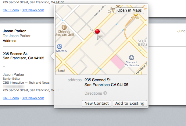 メールの内容に住所が含まれていた場合、Macがそのことを認識し、ユーザーが該当住所をクリックすると小さな地図が開くようになっている。この地図の「"マップ"で開く」をクリックするとマップが起動する。