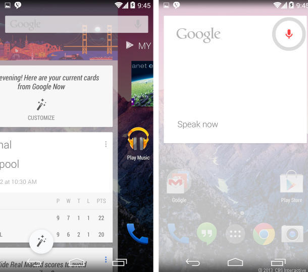Nexus 5上のKitKatでは、Google Nowはホーム画面（左）の左側にあり、音声検索（右）はユーザー体験のより深い部分に統合されている。
