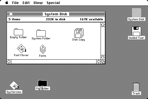 ファイルマネージャのFinderとそのアイコンやフォルダが表示された1984年頃のMacintoshのデスクトップ