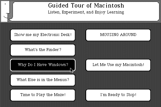 　これは、すべてのSystem 1搭載Macintoshに用意されていた「Guided Tour」で、新しいマシンの使い方をユーザーに詳しく説明している。