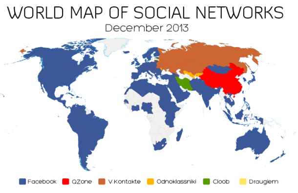 2013年12月現在、Facebookは地球上のこれらの国々（青色）でソーシャルネットワーク市場を支配している（Alexaのデータ）。