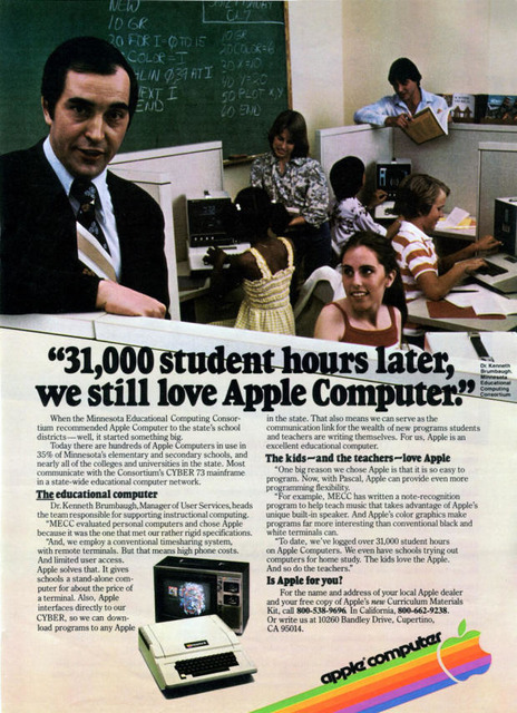 　1979年のApple IIの「3万1000時間の学習時間」という宣伝文句の広告。