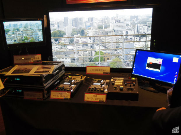 　テレビ中継網を用いた4K映像ライブ伝送のデモ。宮崎と大阪の2カ所から4K伝送を行なっていた。4K映像は一度4分割され、1080/60p H.264エンコーダ4式を使って伝送しているという。