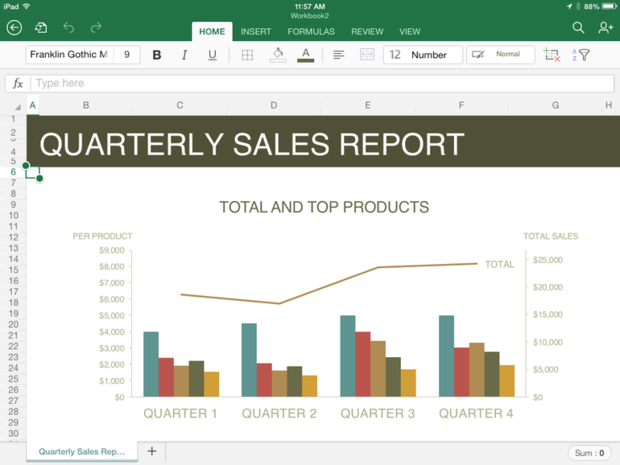 　四半期ごとの売上レポート用に、Excelで計算したサンプルグラフ。