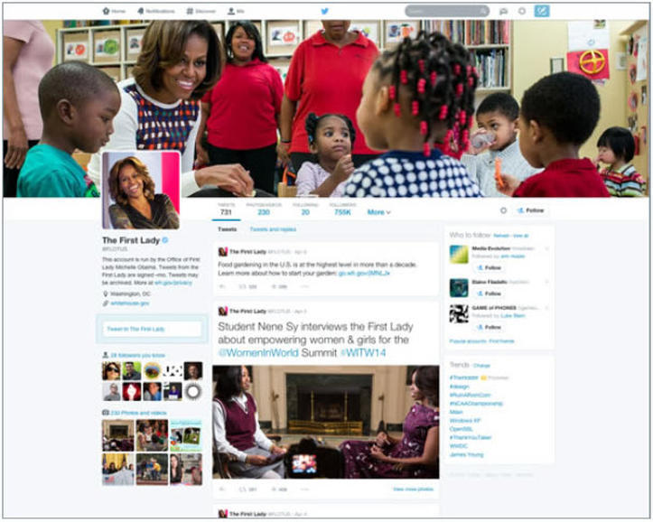Twitterの新しい外観が適用された米大統領夫人のページ