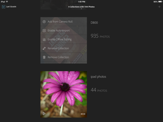 　「Lightroom Mobile」は、ユーザーが同期用およびオフライン作業向けに個別指定したコレクションに基づく。写真を「Camera Roll」から加えることもでき、その場合、それらの写真はデスクトップ版「Lightroom」に同期されて戻る。

関連記事：アドビ、「iPad」向け「Lightroom」をリリース
