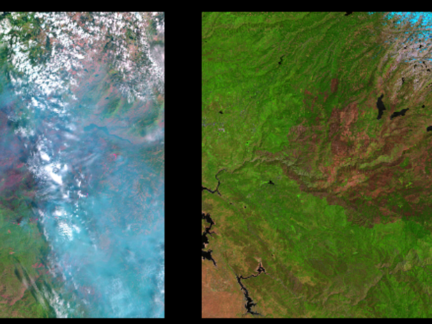 ヨセミテの森林火災

　「Landsat 8」が衛星軌道に乗ってから1年強になるが、さまざまな視点からの地球の写真を次々と送ってきている。この衛星は、40年前から続く逸話の多い一連のLandsat衛星の中で、もっとも新しく最先端のものだ。

　画像の左側は、2013年に米国のヨセミテ国立公園付近で起きた、20万エーカー（約9億平方メートル）を焼き払った森林火災をLandsat 8から撮影した画像だ。右側は2014年5月のもので、森はすでに回復しつつある。