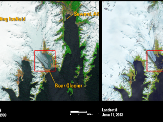 ベア氷河

　この連続したLandsatからの写真で、過去数十年間にアラスカのベア氷河が大きく後退したことが分かる。比較のために記すと、写真の左半分を占めるハーディング氷原は700平方マイル（1800平方キロメートル）の広さだ。