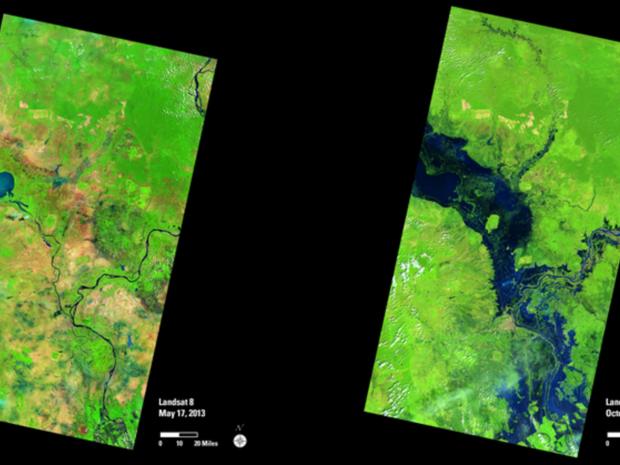 カンボジアの大洪水

　右側のLandsatによる「事後」の画像は、2013年10月にカンボジアを襲った大雨と台風の影響で、メコン川とトンレサップ川が大氾濫した様子だ。写真中央のやや下に首都プノンペンが見える。