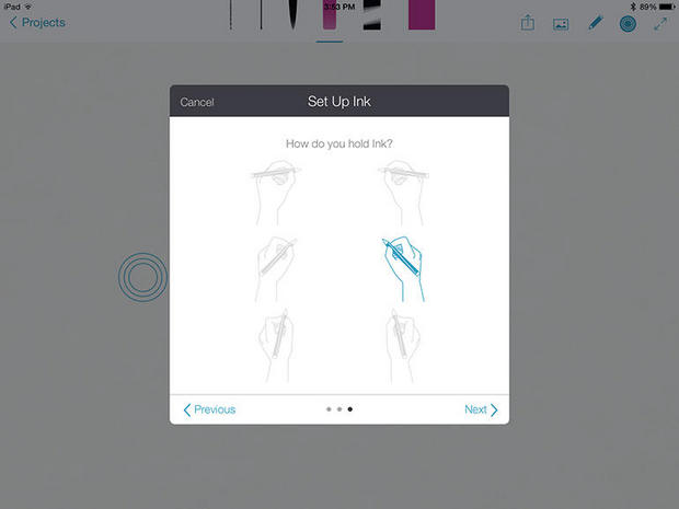 　スタイラスの持ち方を伝えると、アプリは描画中にペン先の下に見えているものをどのように表示するかを調整できる。