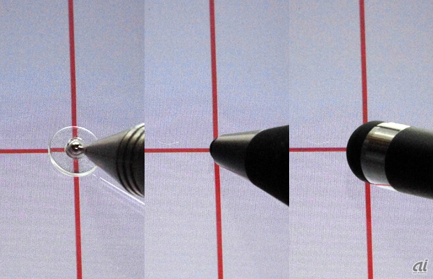 ペン先の見え方の違い。左からJot Touch 4、Jot Touch with Pixelpoint、丸みを帯びたペン先を持つ一般的なスタイラス。赤い線の交点が最も認識しやすいのはJot Touch 4だ