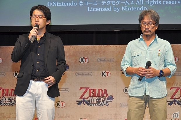 　本作の概要の説明を、開発プロデューサーであるコーエーテクモゲームスの早矢仕洋介氏（左）と、スーパーバイザーを務めた任天堂の青沼英二氏が行った。