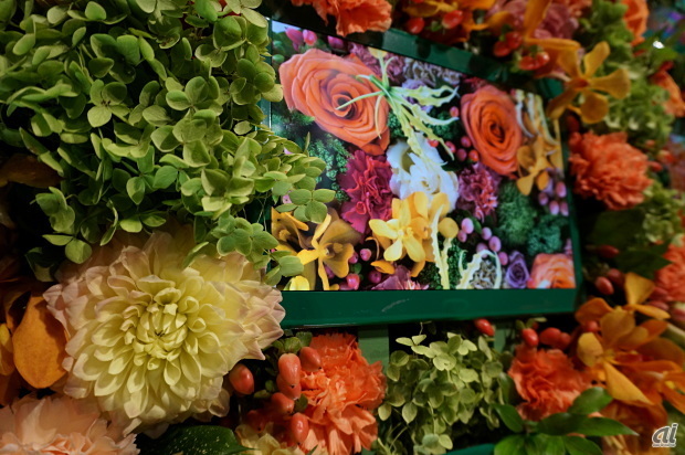 　会場の壁は、フラワーアーティストのニコライ・バーグマン氏が手がけたアレンジメントとGALAXY Tab Sの8.4インチモデルをコラボレーションさせ、従来では再現できなかったという濃いエメラルドグリーンの色域をアピールした。細かく見ると、タブレットに表示されている花はタブレットによって異なる。周りの花に合わせたものが表示されるというこだわりようだった。