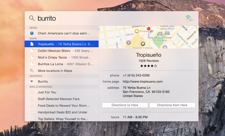 Mapsの検索結果をクリックすると、住所、電話番号、Yelpのレビュー、道順のボタンが1つの画面に表示される。