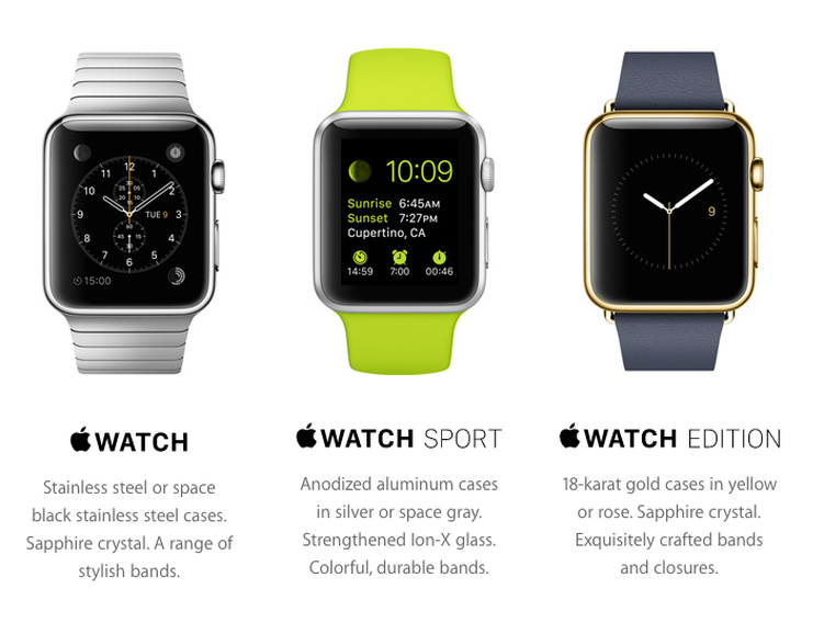 初代モデルは、ステンレススチールケースに入った「Apple Watch」、アルミニウム製ケースの「Apple Watch Sport」、18Kゴールドケースの「Apple Watch Edition」の3種類