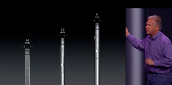 iPhone 5sとの比較。iPhone 6は6.9mm、iPhone 6 Plusは7.1mmとより薄くなった