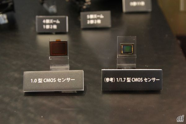 　1.0型CMOSセンサーと1/1.7型CMOSセンサーの比較。大きさの違いがよくわかる。