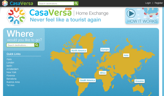 CasaVersa：ホームエクスチェンジサービス

　CasaVersaを利用すれば、休暇中に家を交換できる相手を世界中から検索できる。自身のアカウントで自宅を登録した後、旅行先や旅行日などを選択し、交換先の家を検索する。交換したい家が見つかれば、相手に連絡を取り、交換が決まればCasaVersaのサイトから交換を申し込む。支払いは、交換が終わる頃に発生する。料金はサービスの利用回数が増えるほど安くなり、最終的には無料となる。ホテル代などのコストを節約できることや、場合によっては交換先の相手と友人関係を築けることなどがこのサービスの利点だ。CasaVersaは、規模こそ小さいが人気を得つつあり、こういった企業がAirbnbに代わるものとして台頭してきている。