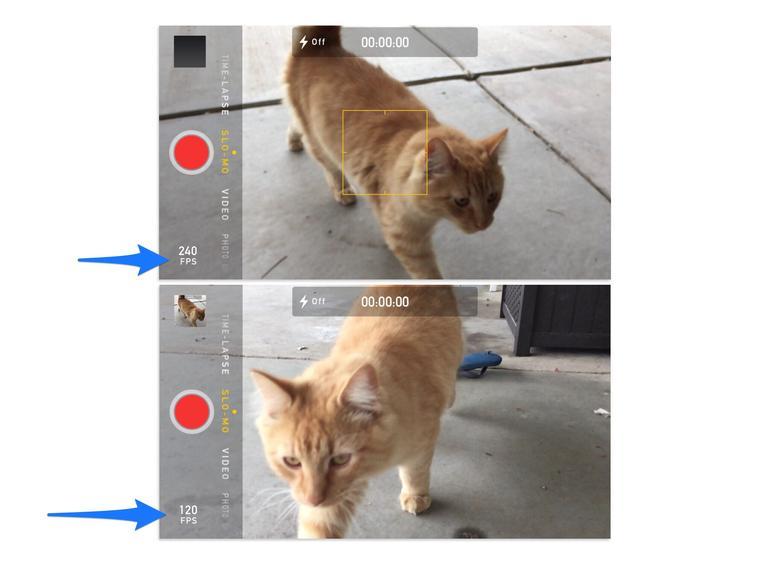 iPhone 6の「カメラ」アプリではスローモーション撮影速度が選択可能になっている。