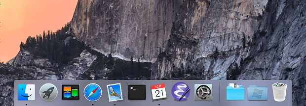 　YosemiteでフラットUI化が進んだ「Dock」。奥行き方向の表現がなくなり、2次元的になった。標準装備されるアプリケーションのアイコンデザインも一新されている。