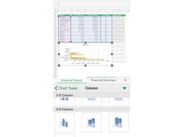 図表の作成

　Excelでは、タッチとスワイプでセルの範囲を指定し、図表やグラフの種類を素早く選んでデータを表示できる。