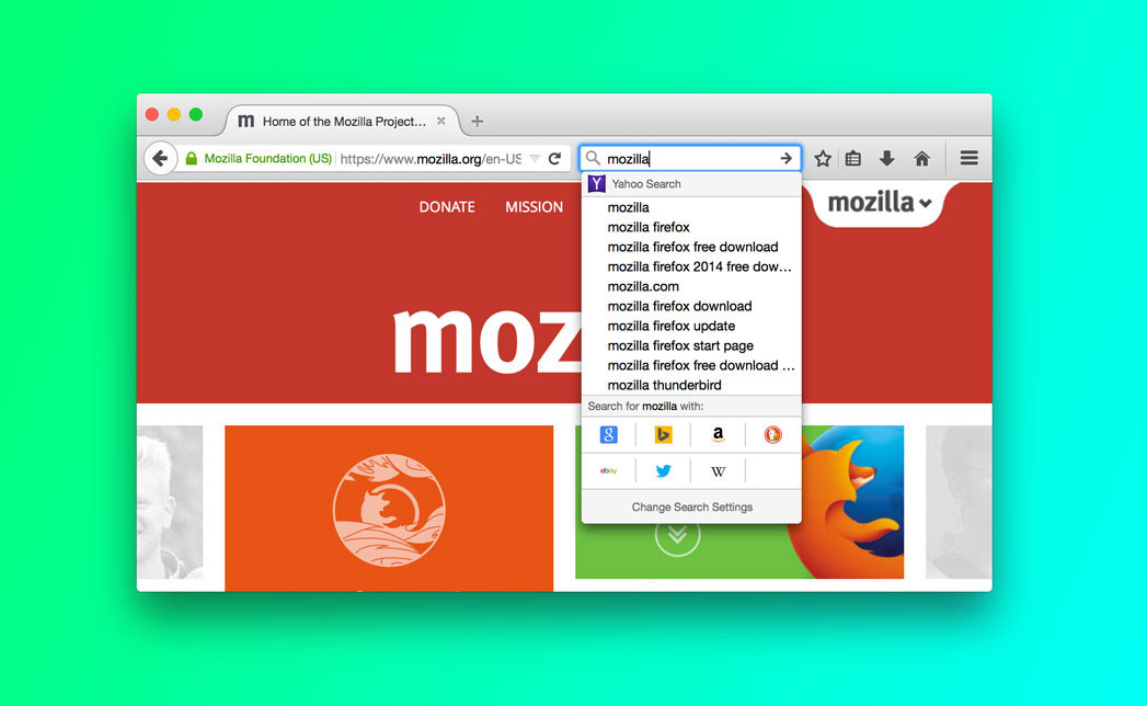 Firefoxは、検索ボックス下の検索サジェスチョンエリアにタイルとして検索エンジンのオプションを目立つように表示する。