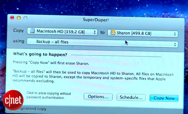 　クローンするため、フリーソフトの「SuperDuper」を起動する。「Macintosh HD」を新しいドライブにクローンするように設定。この作業は、ドライブのサイズにもよるが、数時間かかる。