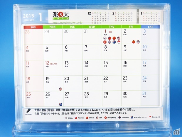 　CNET Japanでは、関係各社様からたくさんの2015年カレンダーをいただきました。そこで、いただいたカレンダーの中から、特にデザインや仕掛けがユニークだったものを編集部でセレクトして毎日紹介していきます。今回は楽天のトラベル事業部、マーケティングジャパン事業部、そして楽天証券のカレンダーを紹介します。

　まずは楽天トラベルのカレンダー。プラスチックのケース入りで、自立させられるだけでなく、壁に打ち込むことができます。