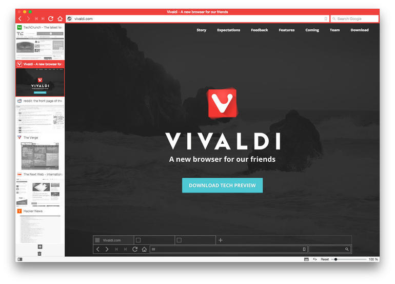 Vivaldiでは、タブを画面の左上から視覚的に整理することができる。