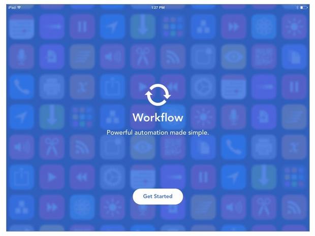 　「Workflow」の起動画面では、作成可能なワークフローのアイコンが背景に表示される。各アイコンはワークフローに割り当てることができる。ライブラリに保存されたワークフローにも、ホーム画面にアプリとして追加されたワークフローにも利用可能だ。