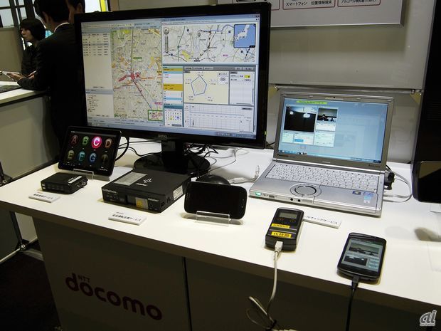 　クラウド型位置情報サービス「docoですcar」の動体管理サービスユニット、安全運転支援サービスユニット、走行情報画面の展示。