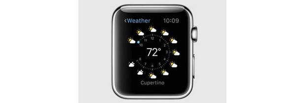 「Weather」

　iPhoneを取り出さなくても手首の上で天気予報を知ることができる。時間ごとの天気予報も分かるので、それに応じて計画を立てることも可能だ。